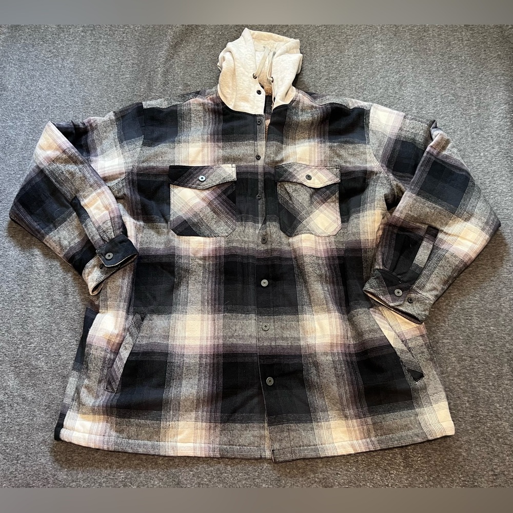 Work N Sport Mens 3XT Fuzzy Stripe Shacket Button Quilted Flannel Hooded